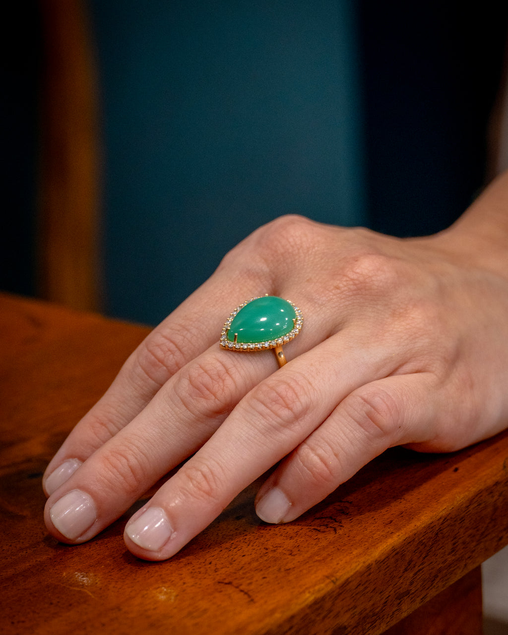 Anello Goccia di Primavera - Crisoprasio e Diamanti