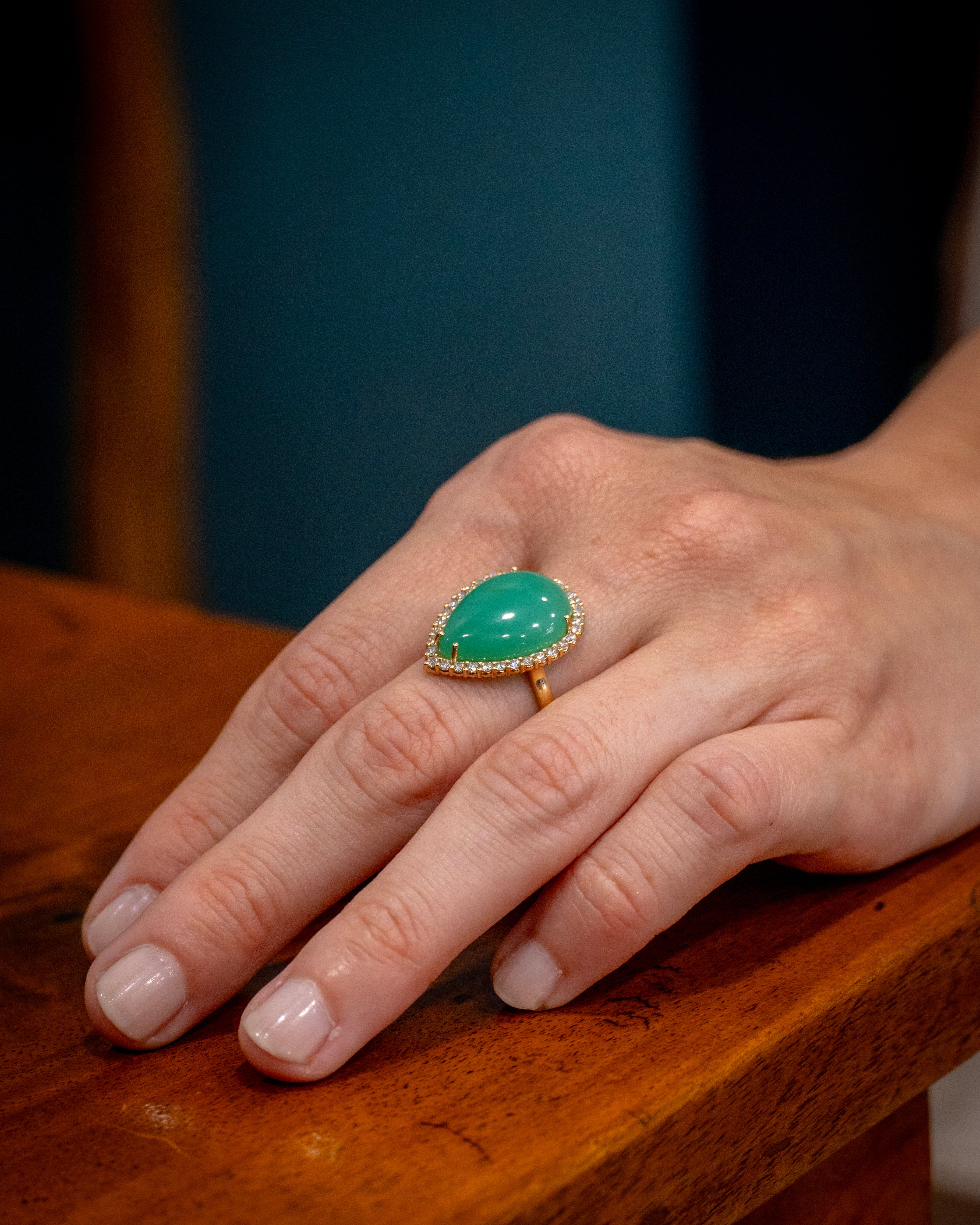 Anello Goccia di Primavera - Crisoprasio e Diamanti