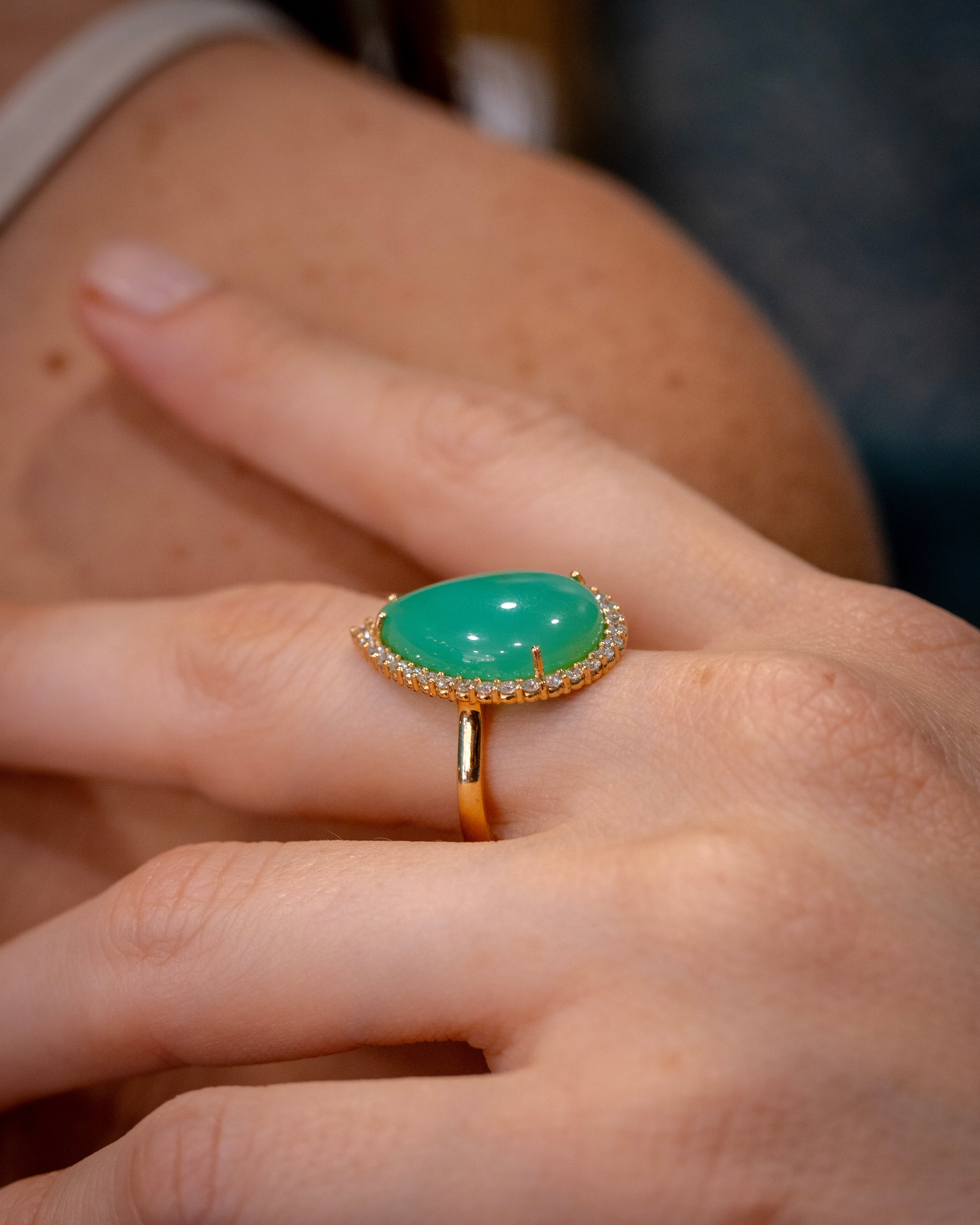 Anello Goccia di Primavera - Crisoprasio e Diamanti