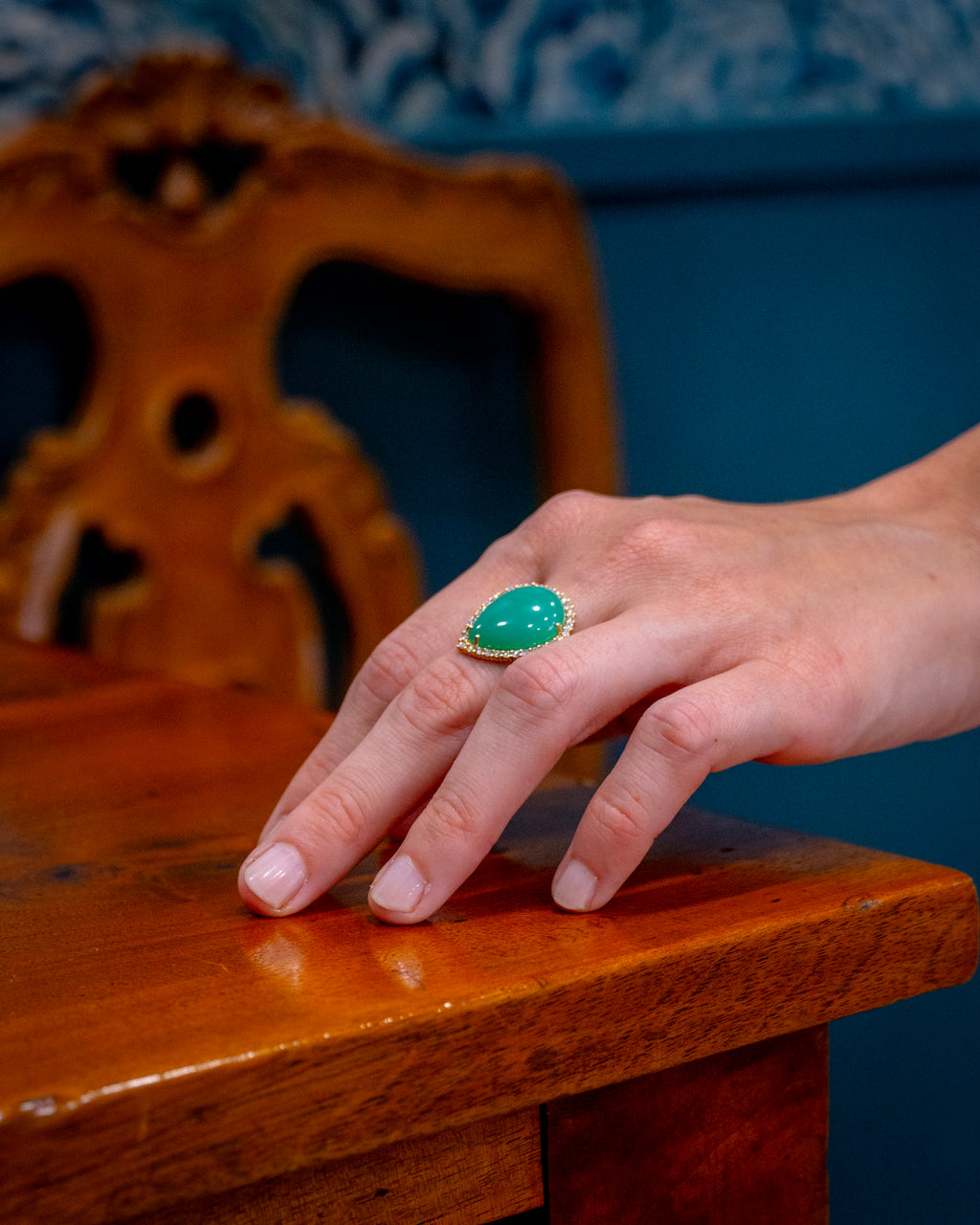 Anello Goccia di Primavera - Crisoprasio e Diamanti